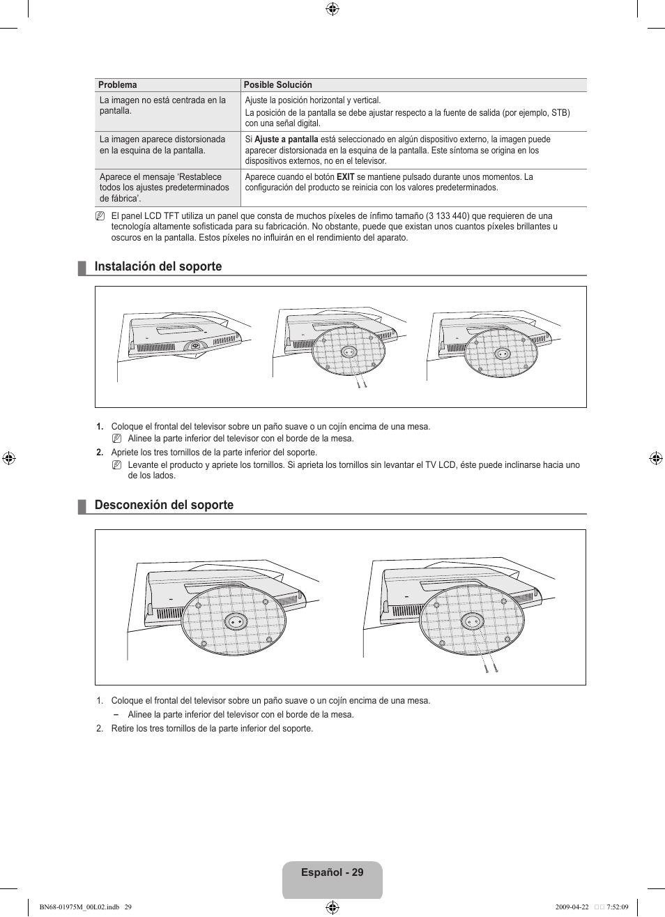 Instalación del soporte, Desconexión del soporte | Samsung LN22B350F2DXZA User Manual | Page 65 / 69