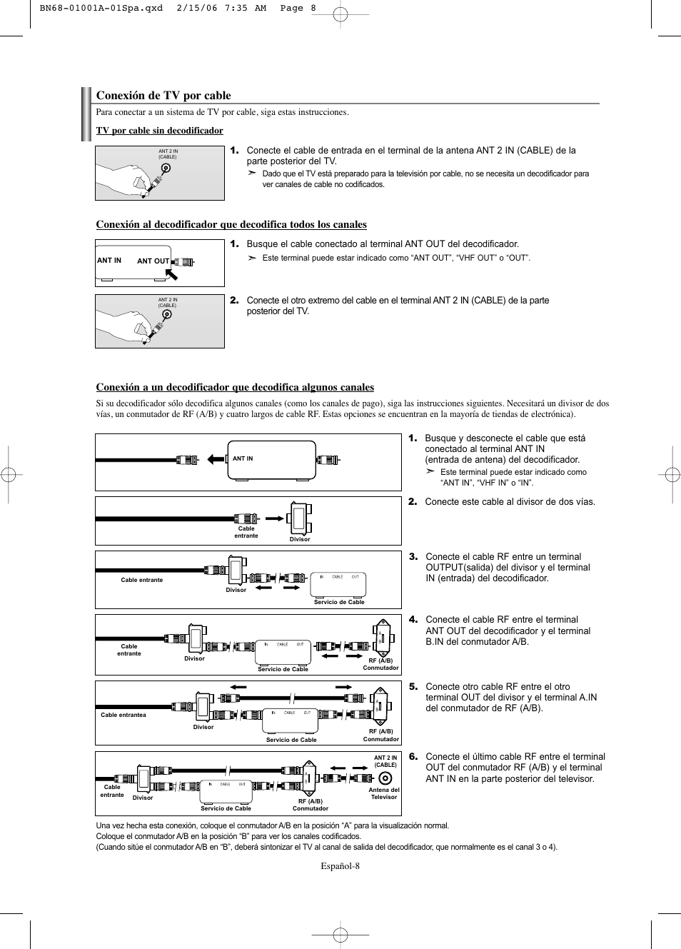 Conexión de tv por cable | Samsung LNS4041DX-XAP User Manual | Page 128 / 179