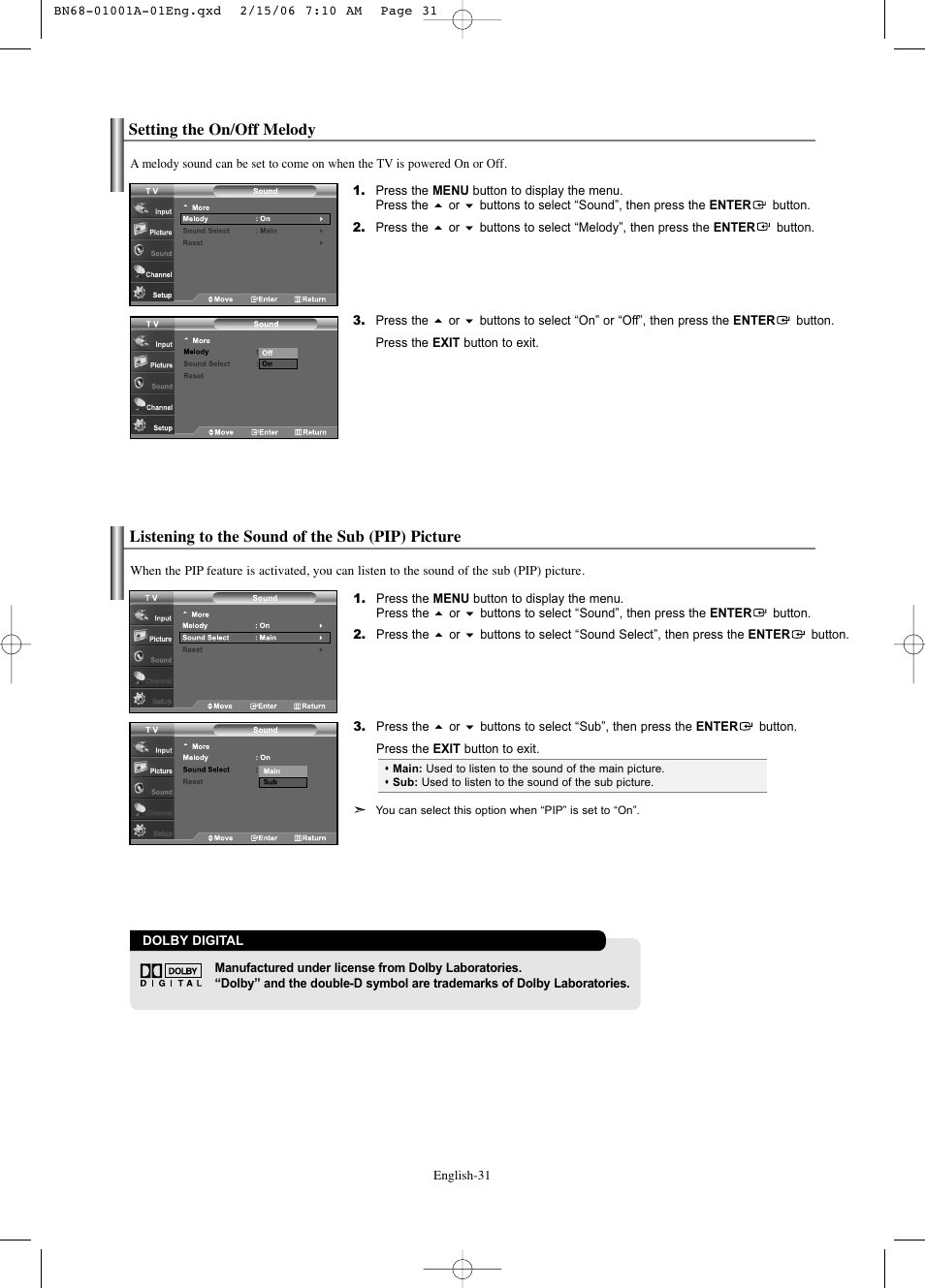 Setting the on/off melody, Listening to the sound of the sub (pip) picture | Samsung LNS4041DX-XAP User Manual | Page 33 / 179