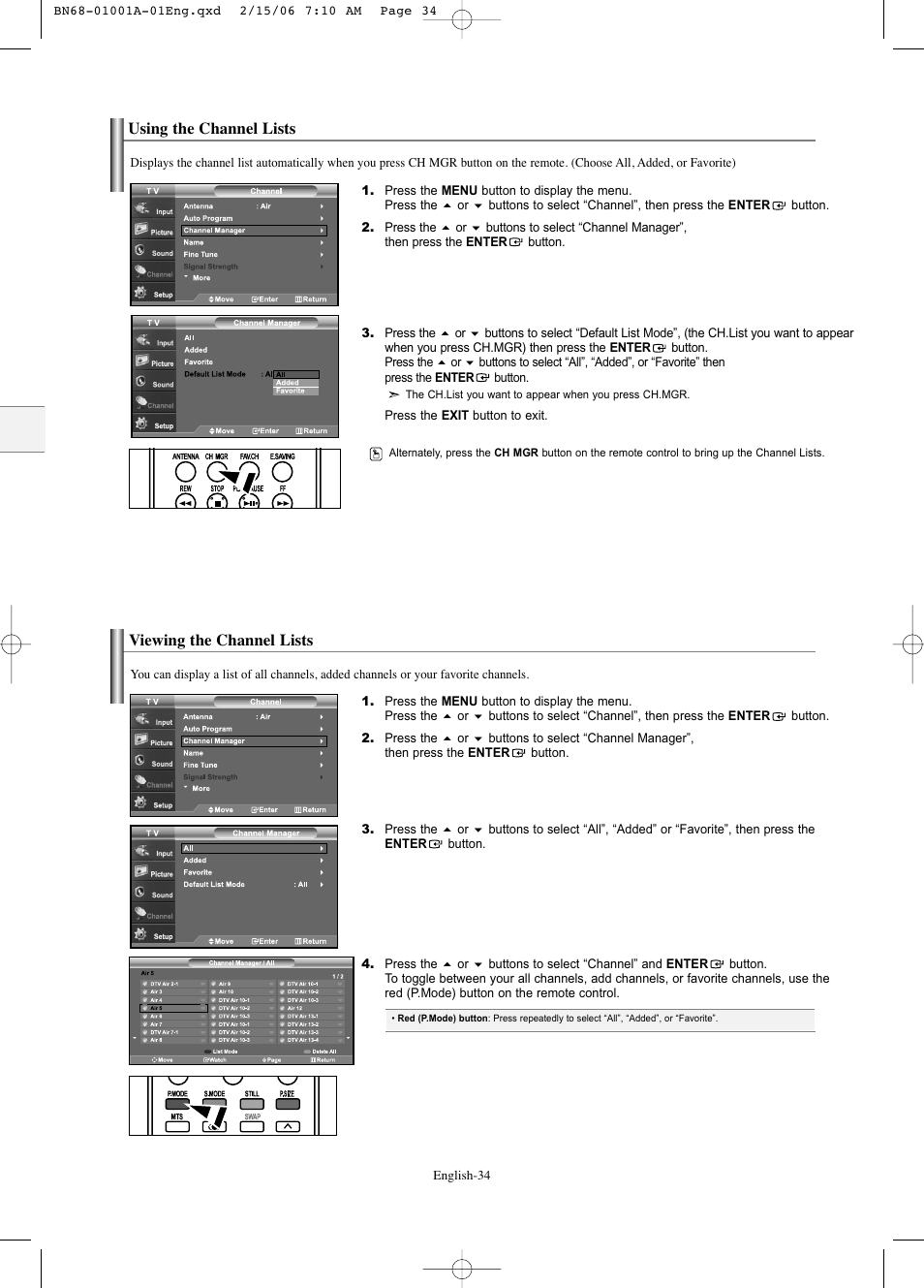 Using the channel lists, Viewing the channel lists | Samsung LNS4041DX-XAP User Manual | Page 36 / 179