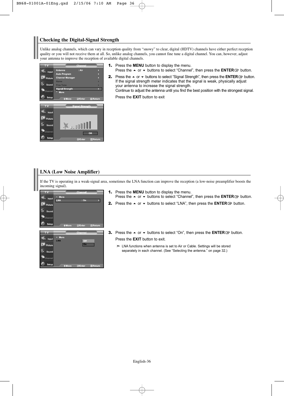 Checking the digital-signal strength, Lna (low noise amplifier) | Samsung LNS4041DX-XAP User Manual | Page 38 / 179