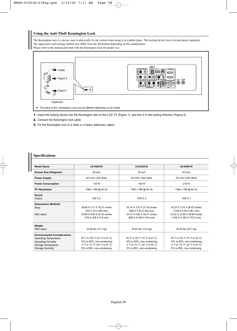 Using the anti-theft kensington lock, Specifications | Samsung LNS4041DX-XAP User Manual | Page 60 / 179