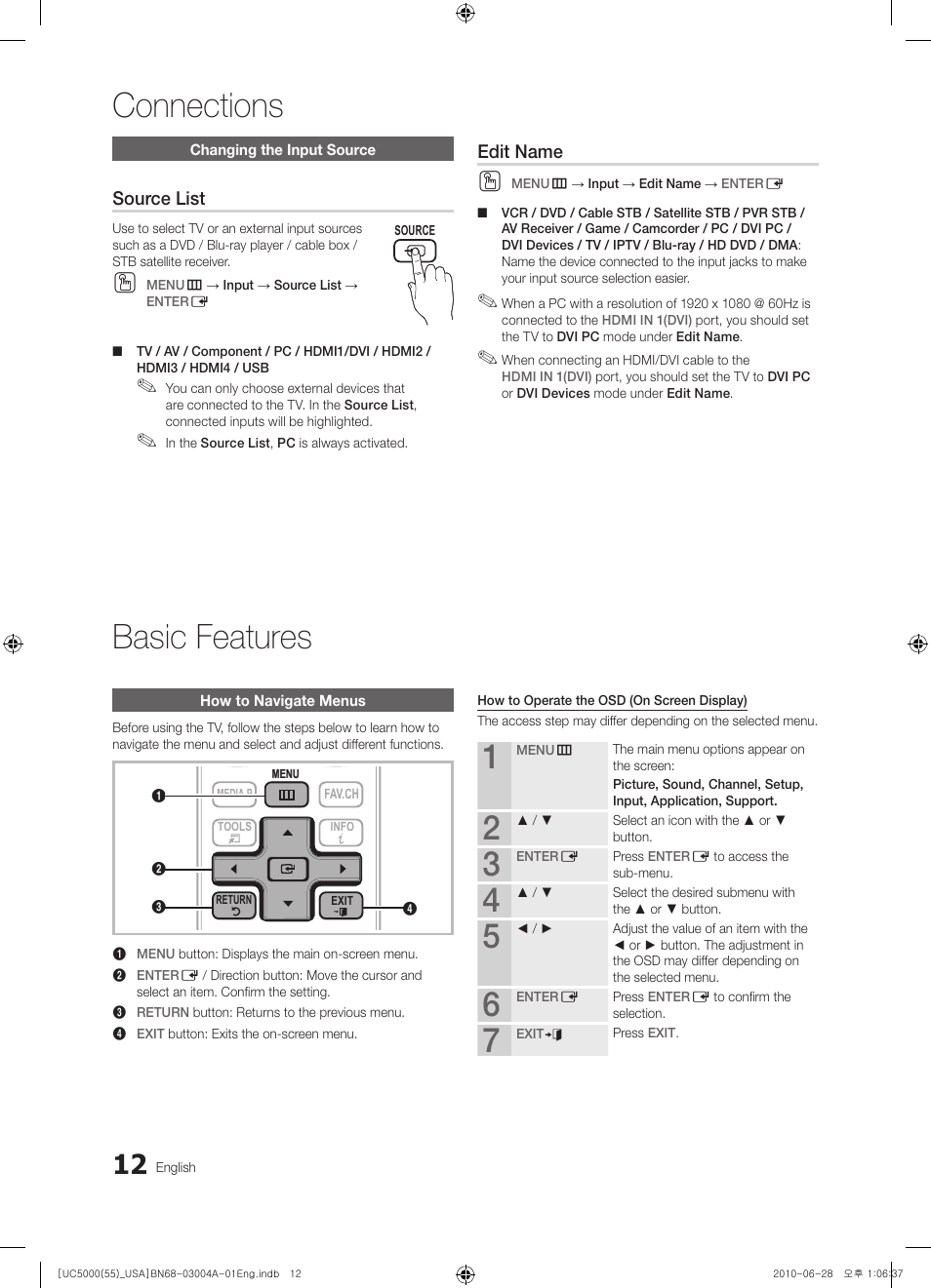 Changing the input source, Basic features, How to navigate menus | Connections, Source list, Edit name | Samsung UN55C5000QFXZA User Manual | Page 12 / 54