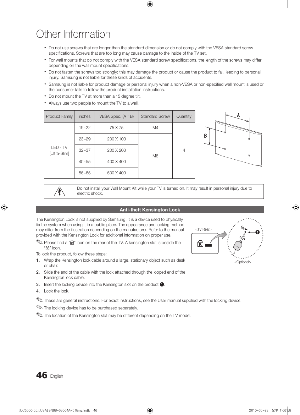 Anti-theft kensington lock, Other information | Samsung UN55C5000QFXZA User Manual | Page 46 / 54