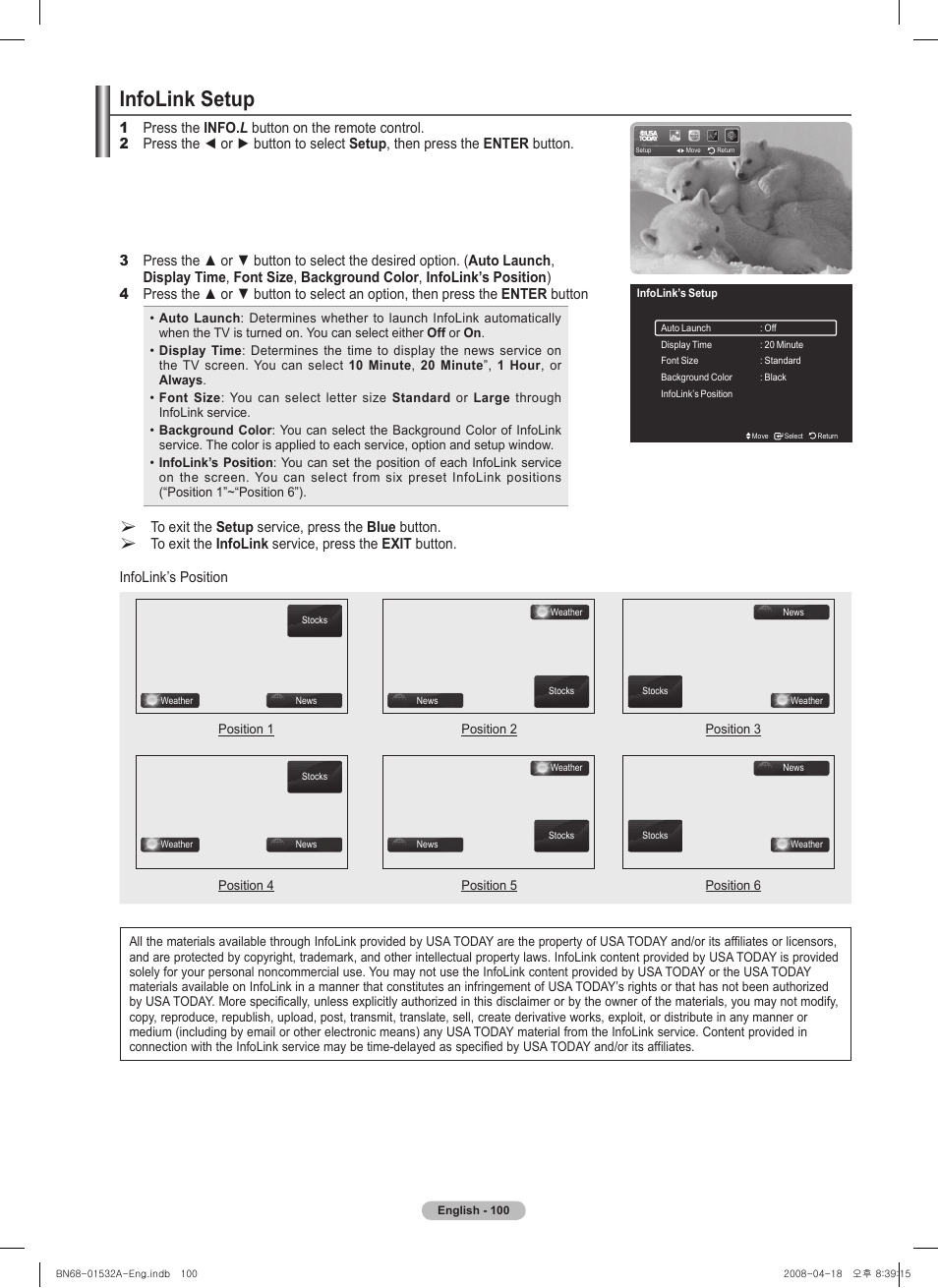 Infolink setup | Samsung PN50A650T1FXZA User Manual | Page 100 / 232