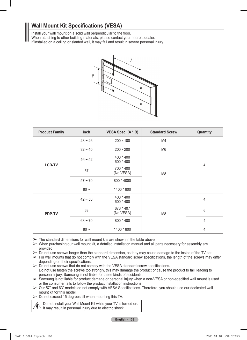 Wall mount kit specifications (vesa) | Samsung PN50A650T1FXZA User Manual | Page 108 / 232