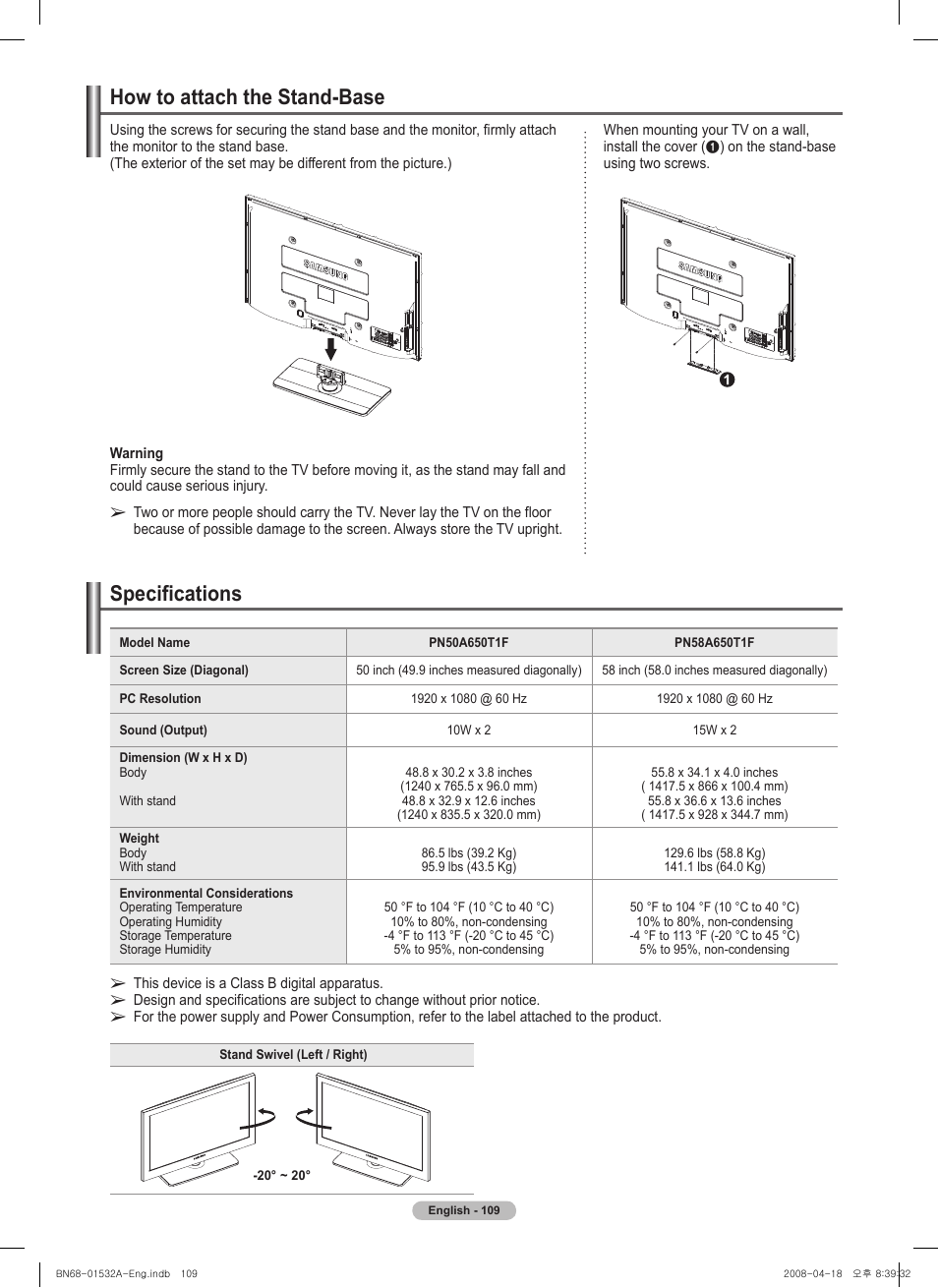 How to attach the stand-base, Specifications | Samsung PN50A650T1FXZA User Manual | Page 109 / 232