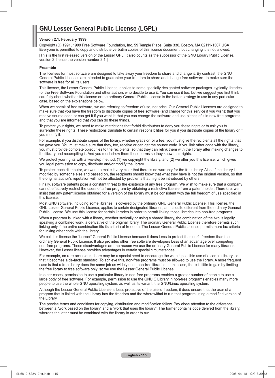 Gnu lesser general public license (lgpl) | Samsung PN50A650T1FXZA User Manual | Page 115 / 232