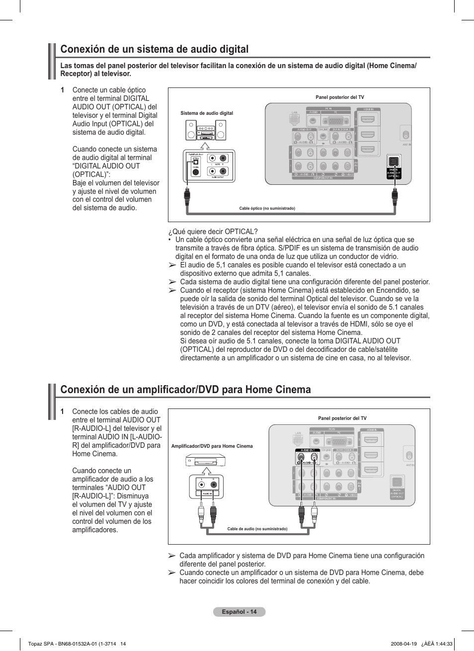 Conexión de un amplificador/dvd para home cinema, Conexión de un sistema de audio digital | Samsung PN50A650T1FXZA User Manual | Page 133 / 232