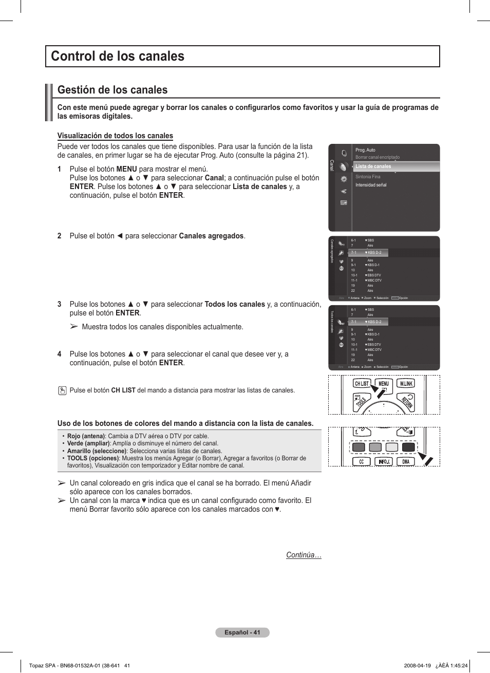Control de los canales, Gestión de los canales | Samsung PN50A650T1FXZA User Manual | Page 160 / 232