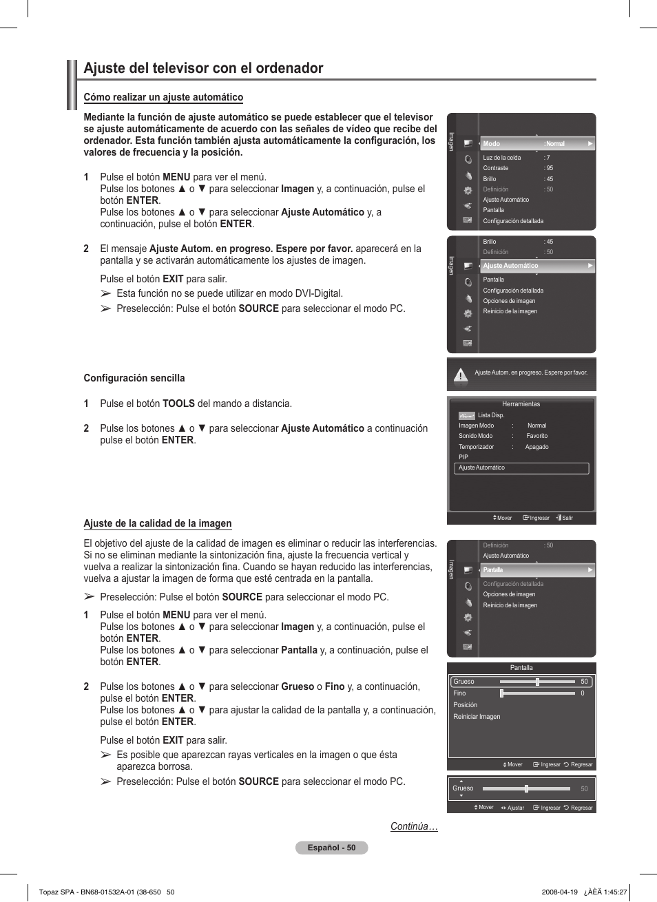 Ajuste del televisor con el ordenador | Samsung PN50A650T1FXZA User Manual | Page 169 / 232