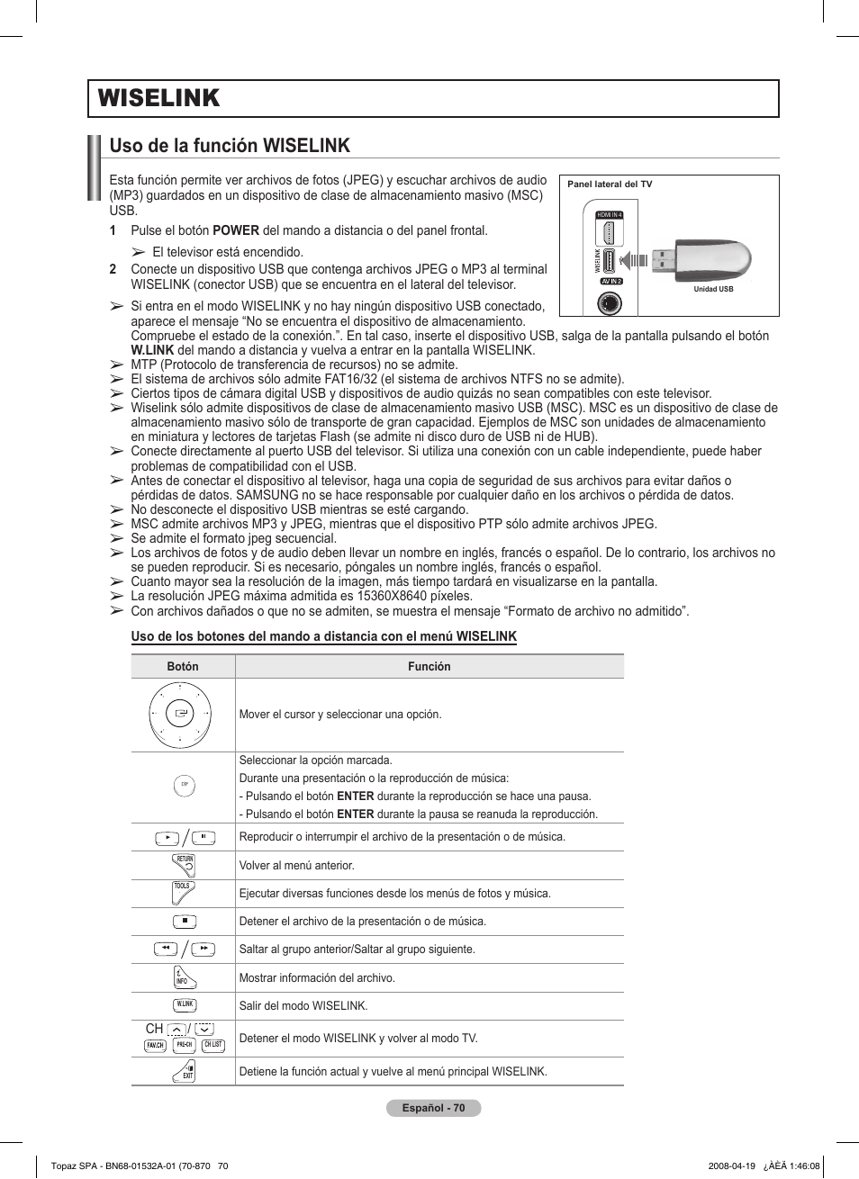 Wiselink, Uso de la función wiselink, Se admite el formato jpeg secuencial | Samsung PN50A650T1FXZA User Manual | Page 189 / 232