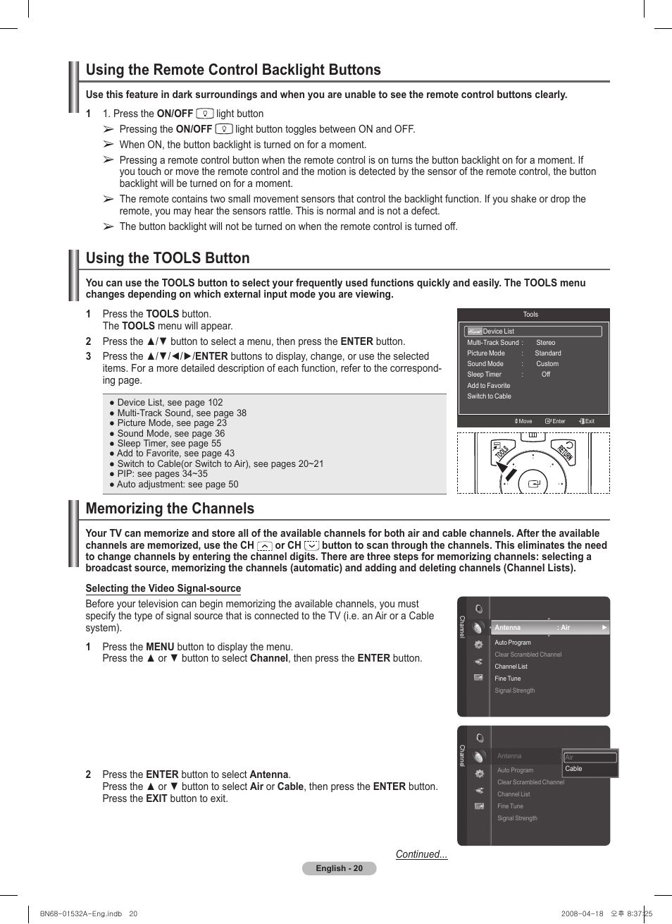 Using the remote control backlight buttons, Using the tools button, Memorizing the channels | Samsung PN50A650T1FXZA User Manual | Page 20 / 232