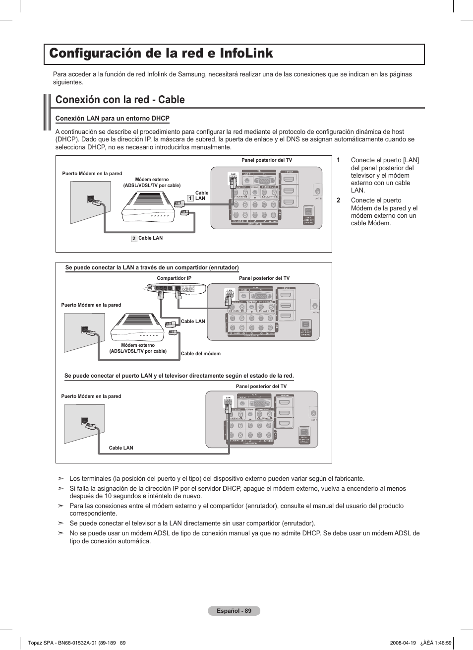 Configuración de la red e infolink, Conexión con la red - cable | Samsung PN50A650T1FXZA User Manual | Page 208 / 232