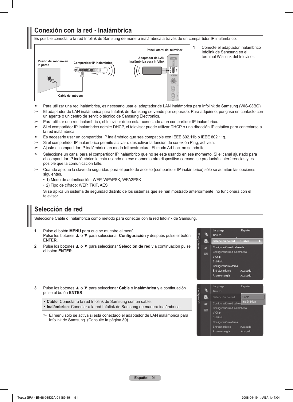 Conexión con la red - inalámbrica, Selección de red | Samsung PN50A650T1FXZA User Manual | Page 210 / 232