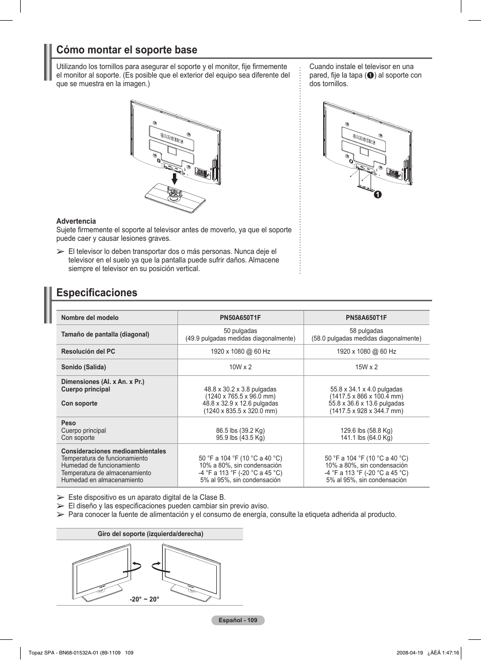 Cómo montar el soporte base, Especificaciones | Samsung PN50A650T1FXZA User Manual | Page 228 / 232