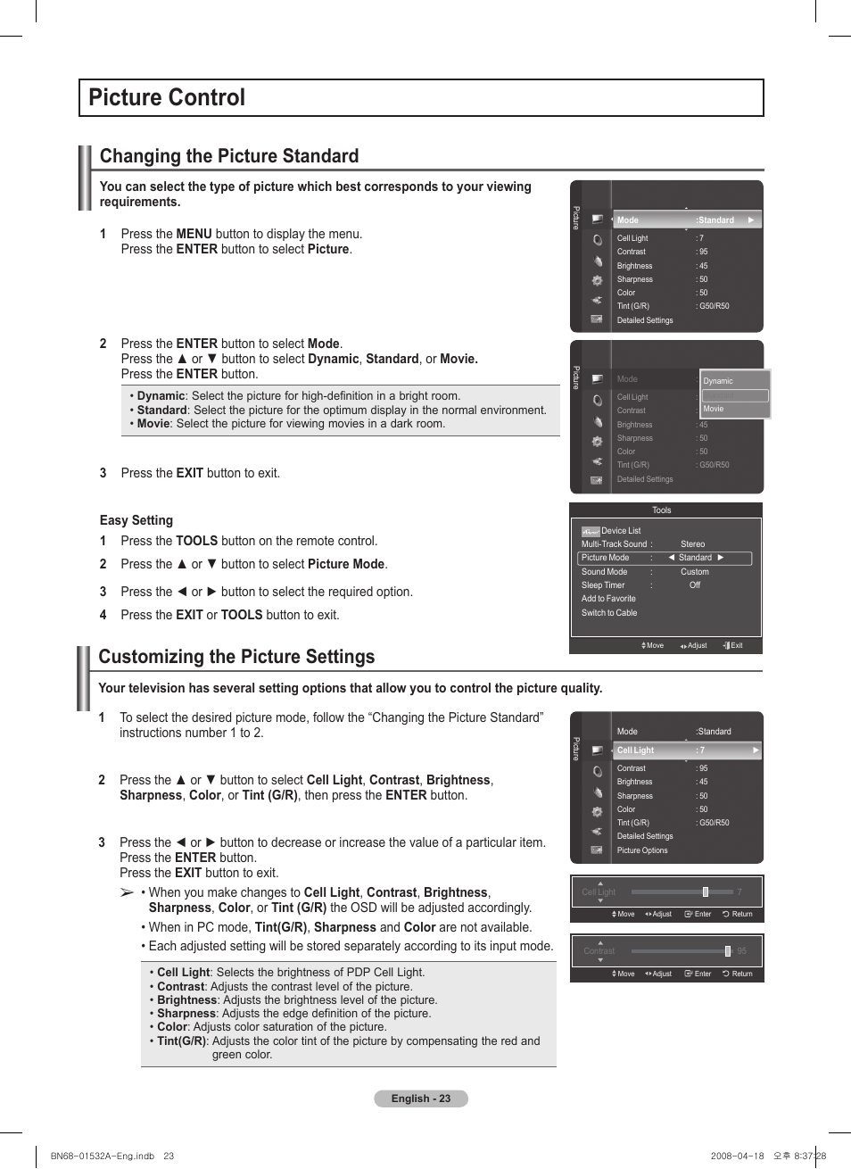 Picture control, Changing the picture standard, Customizing the picture settings | Press the enter button, Press the exit button to exit | Samsung PN50A650T1FXZA User Manual | Page 23 / 232