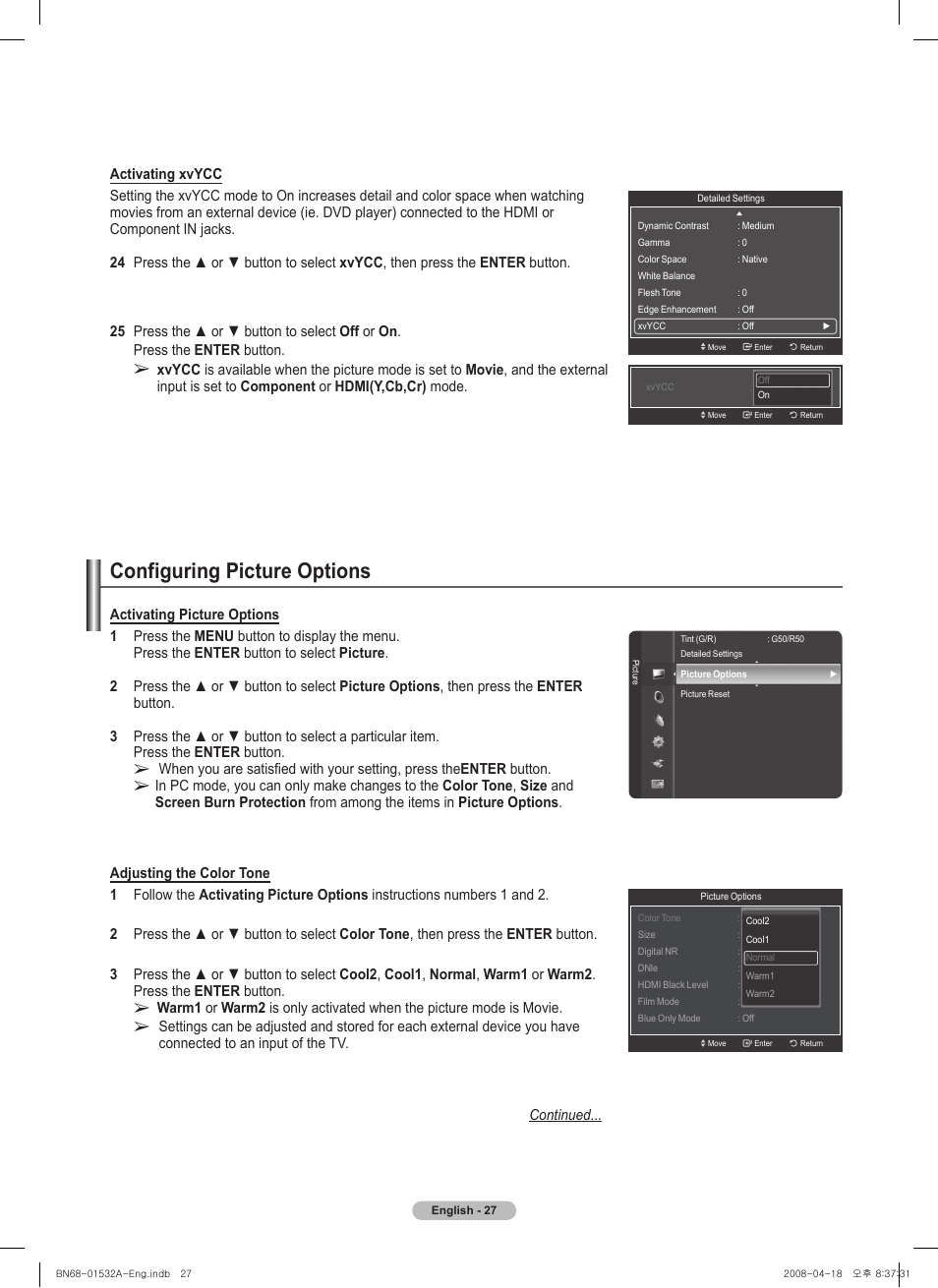 Configuring picture options | Samsung PN50A650T1FXZA User Manual | Page 27 / 232