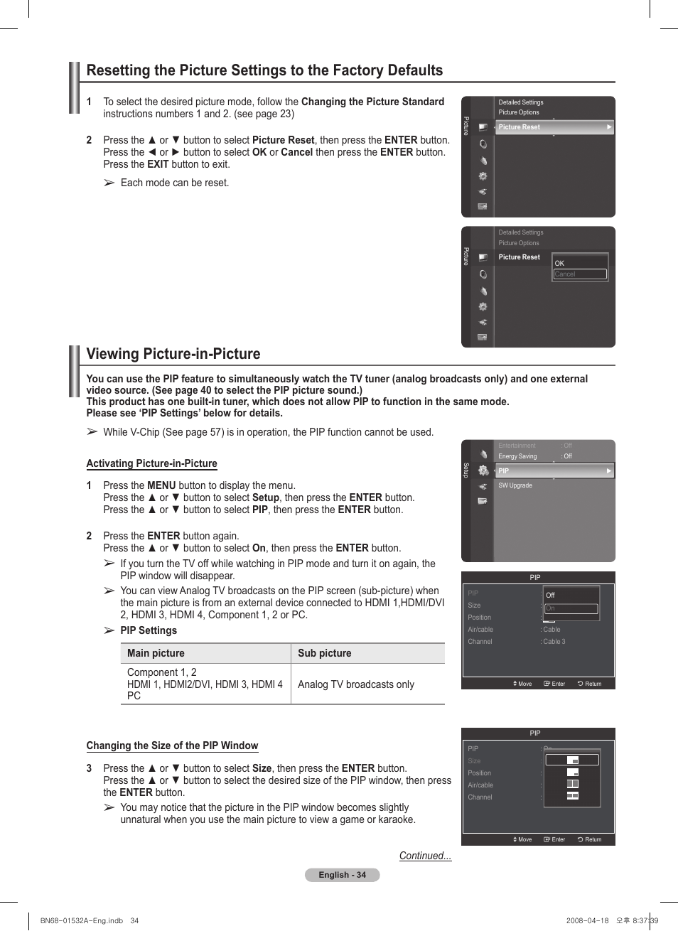Viewing picture-in-picture | Samsung PN50A650T1FXZA User Manual | Page 34 / 232