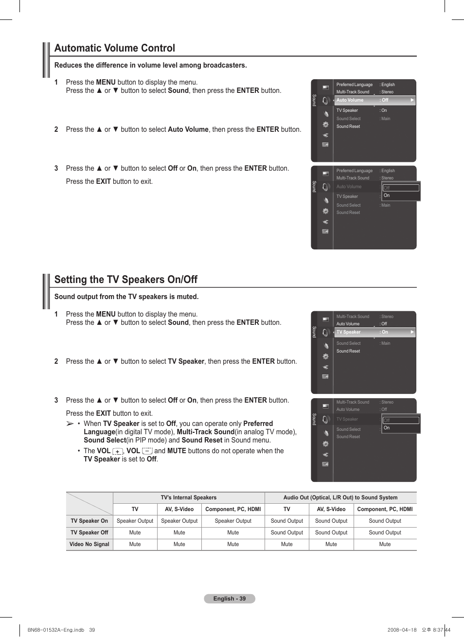 Automatic volume control, Setting the tv speakers on/off, Sound output from the tv speakers is muted | Samsung PN50A650T1FXZA User Manual | Page 39 / 232