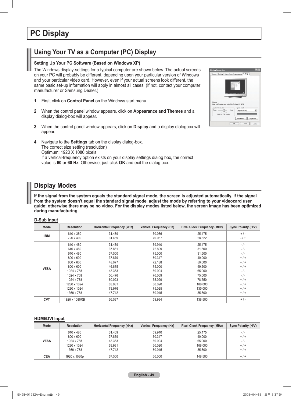 Pc display, Using your tv as a computer (pc) display, Display modes | Samsung PN50A650T1FXZA User Manual | Page 49 / 232