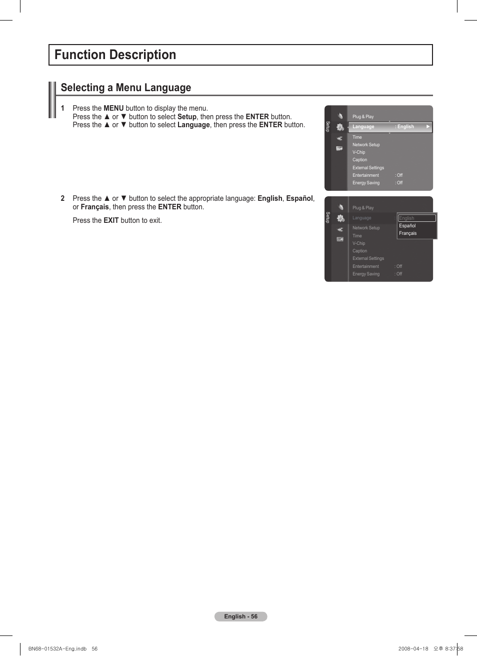 Function description, Selecting a menu language | Samsung PN50A650T1FXZA User Manual | Page 56 / 232