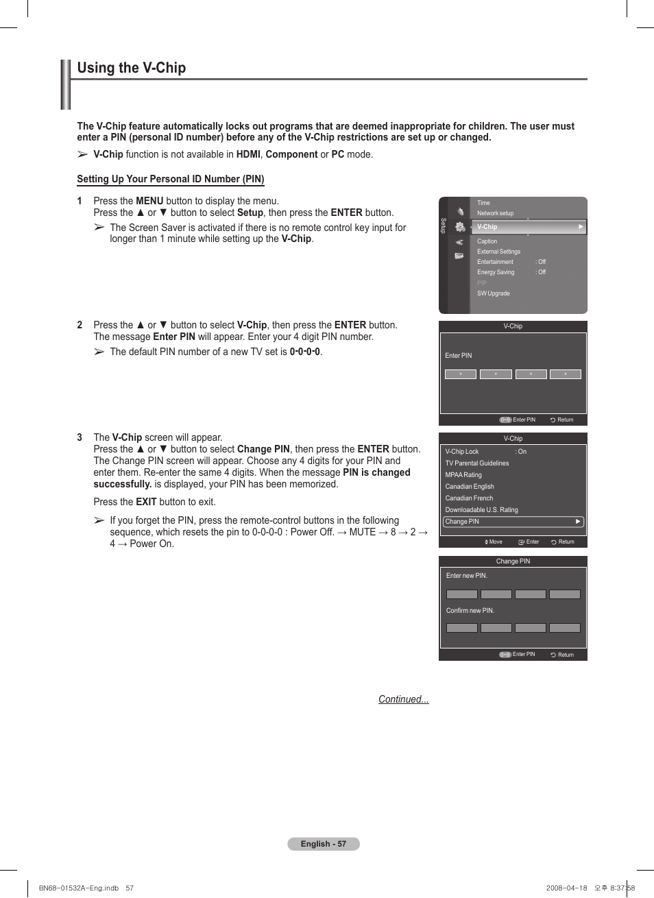 Using the v-chip | Samsung PN50A650T1FXZA User Manual | Page 57 / 232