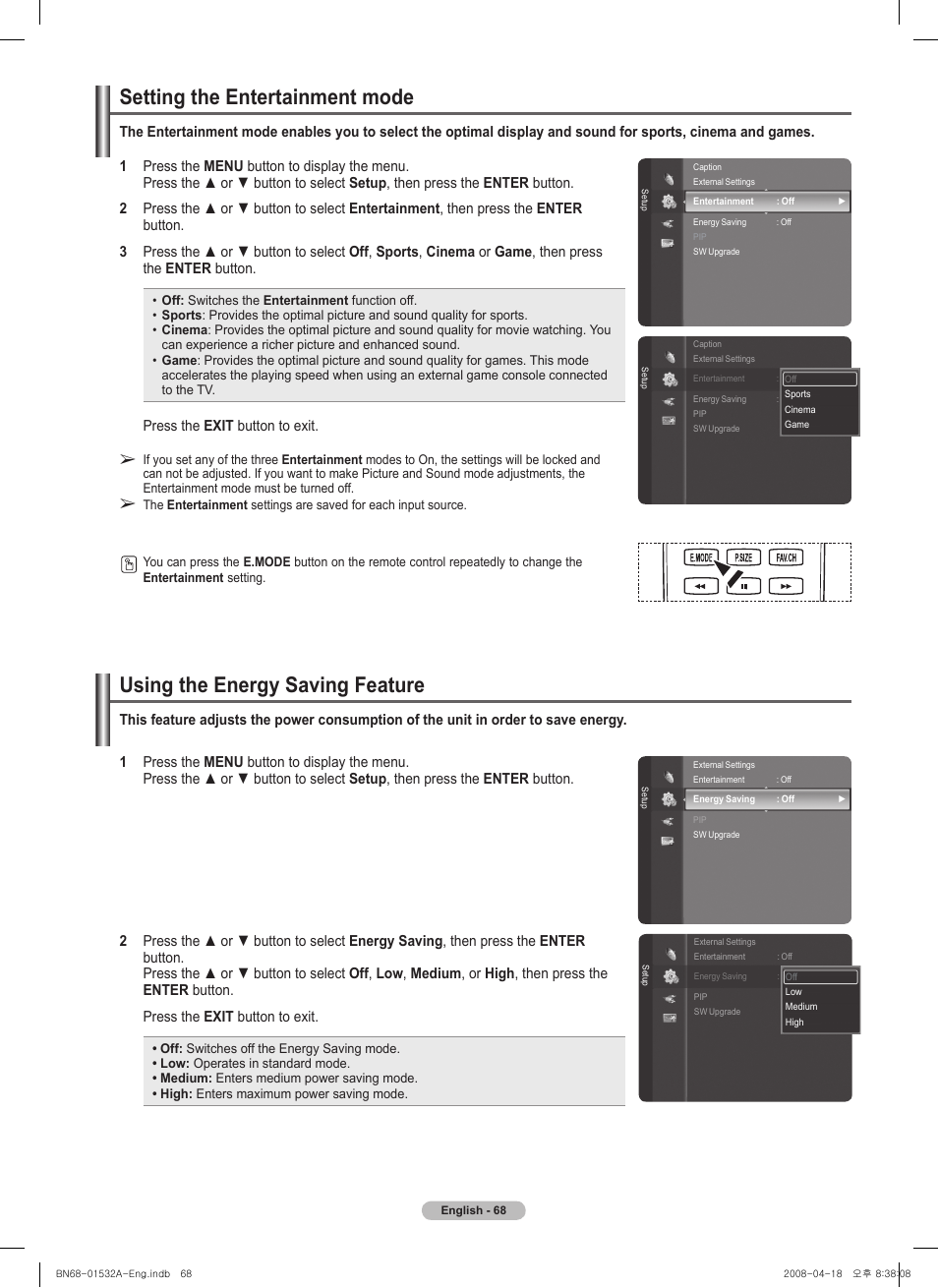 Setting the entertainment mode, Using the energy saving feature | Samsung PN50A650T1FXZA User Manual | Page 68 / 232