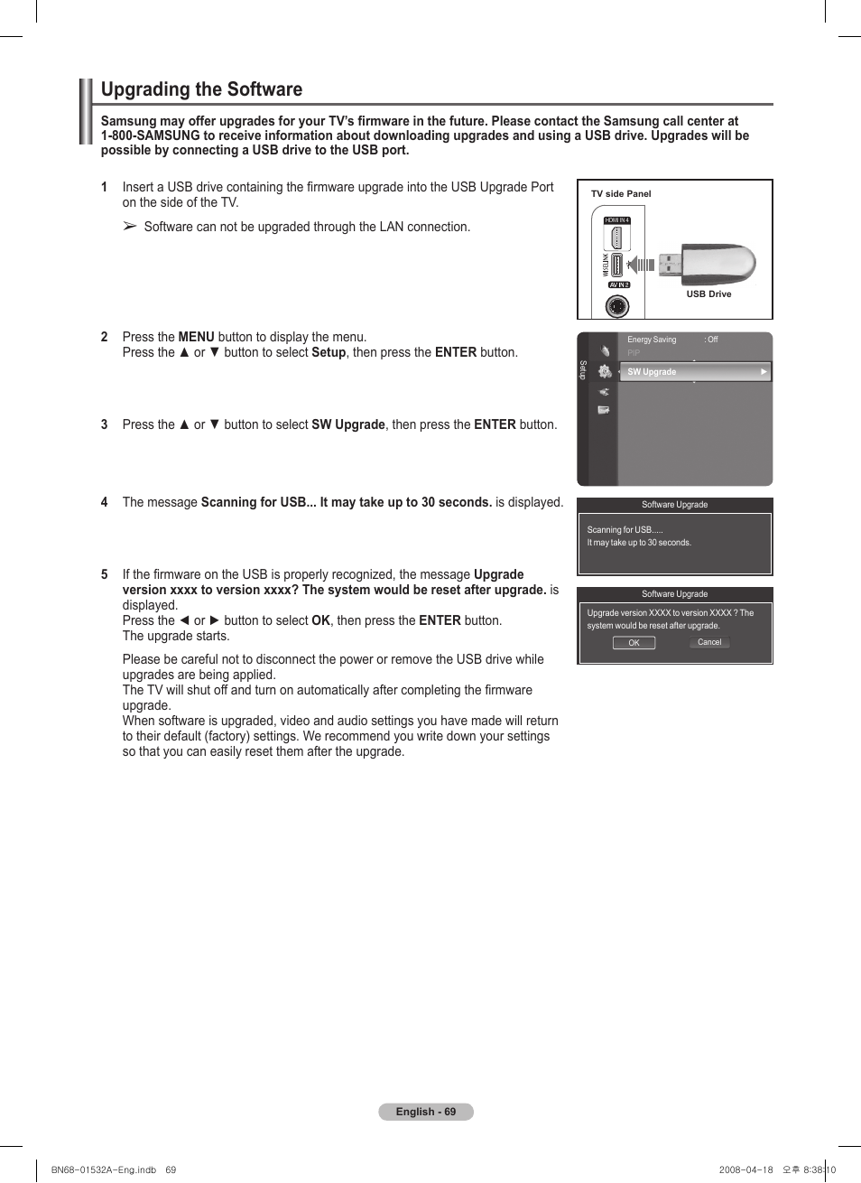 Upgrading the software | Samsung PN50A650T1FXZA User Manual | Page 69 / 232