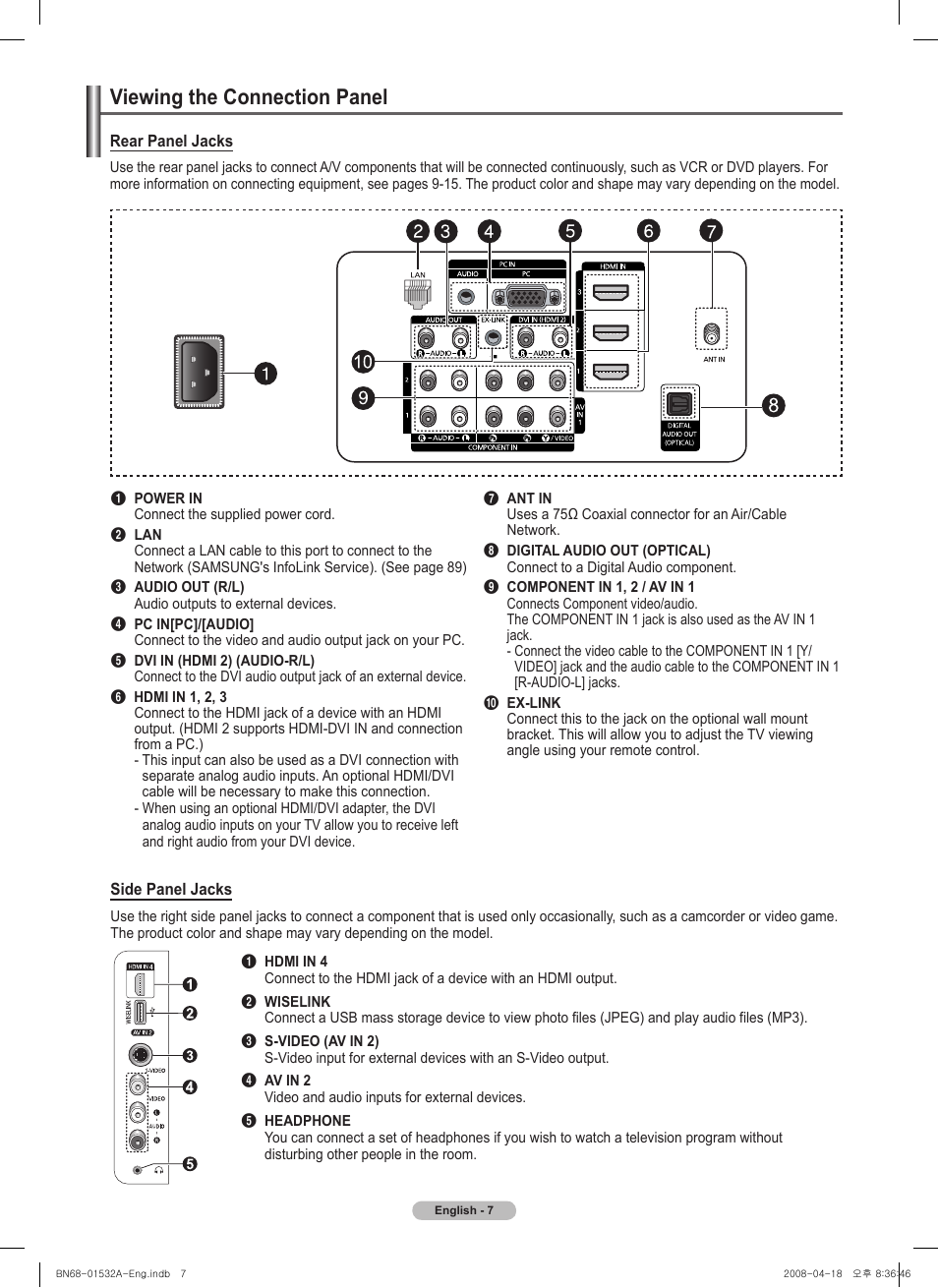 Viewing the connection panel | Samsung PN50A650T1FXZA User Manual | Page 7 / 232