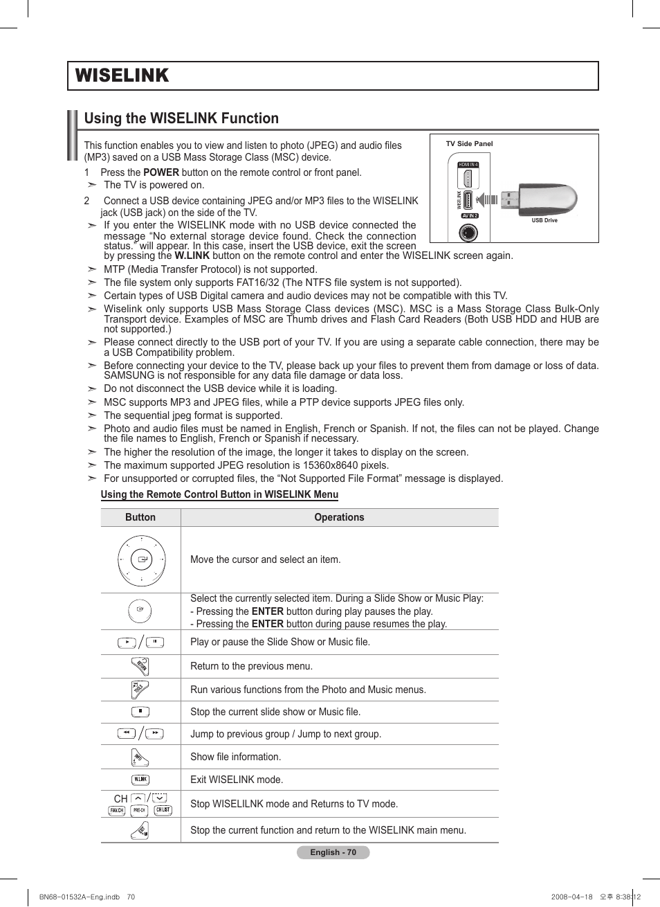 Wiselink, Using the wiselink function | Samsung PN50A650T1FXZA User Manual | Page 70 / 232