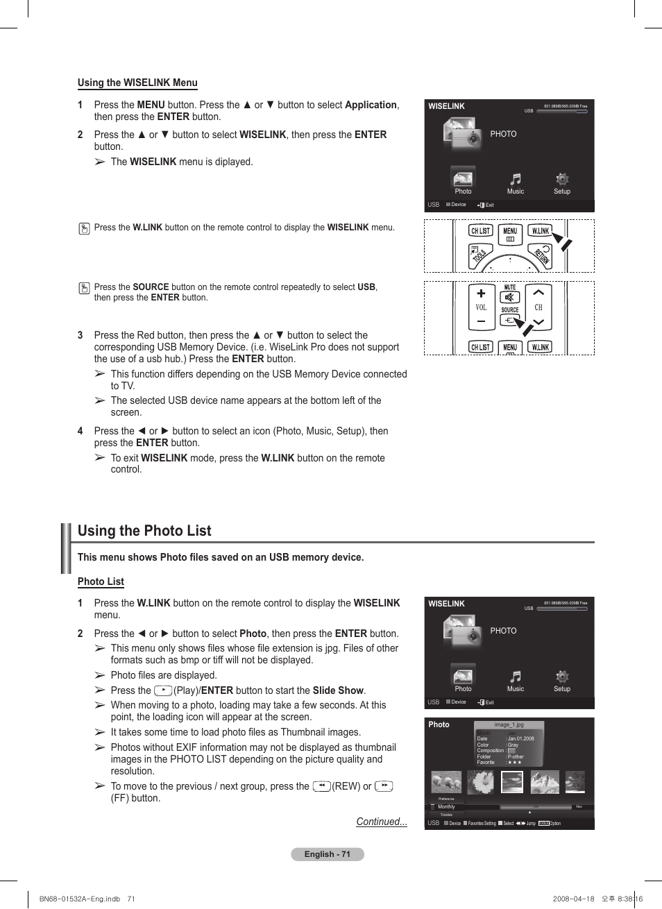 Using the photo list, The wiselink menu is diplayed, Photo files are displayed | Press the, Play)/ enter button to start the slide show, Rew) or, Ff) button. continued | Samsung PN50A650T1FXZA User Manual | Page 71 / 232