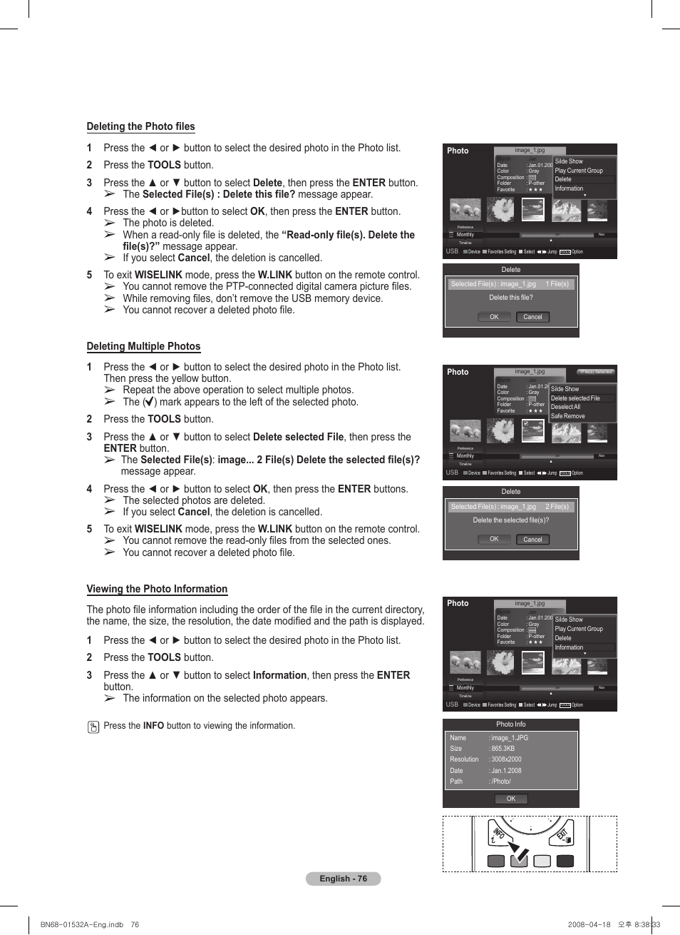 The selected photos are deleted, The information on the selected photo appears, The photo is deleted | You cannot recover a deleted photo file | Samsung PN50A650T1FXZA User Manual | Page 76 / 232