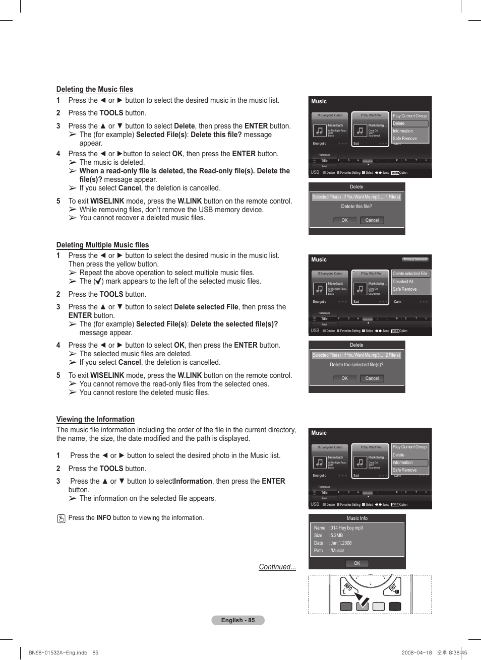 The music is deleted, The selected music files are deleted, The information on the selected file appears | Continued, Press the info button to viewing the information | Samsung PN50A650T1FXZA User Manual | Page 85 / 232