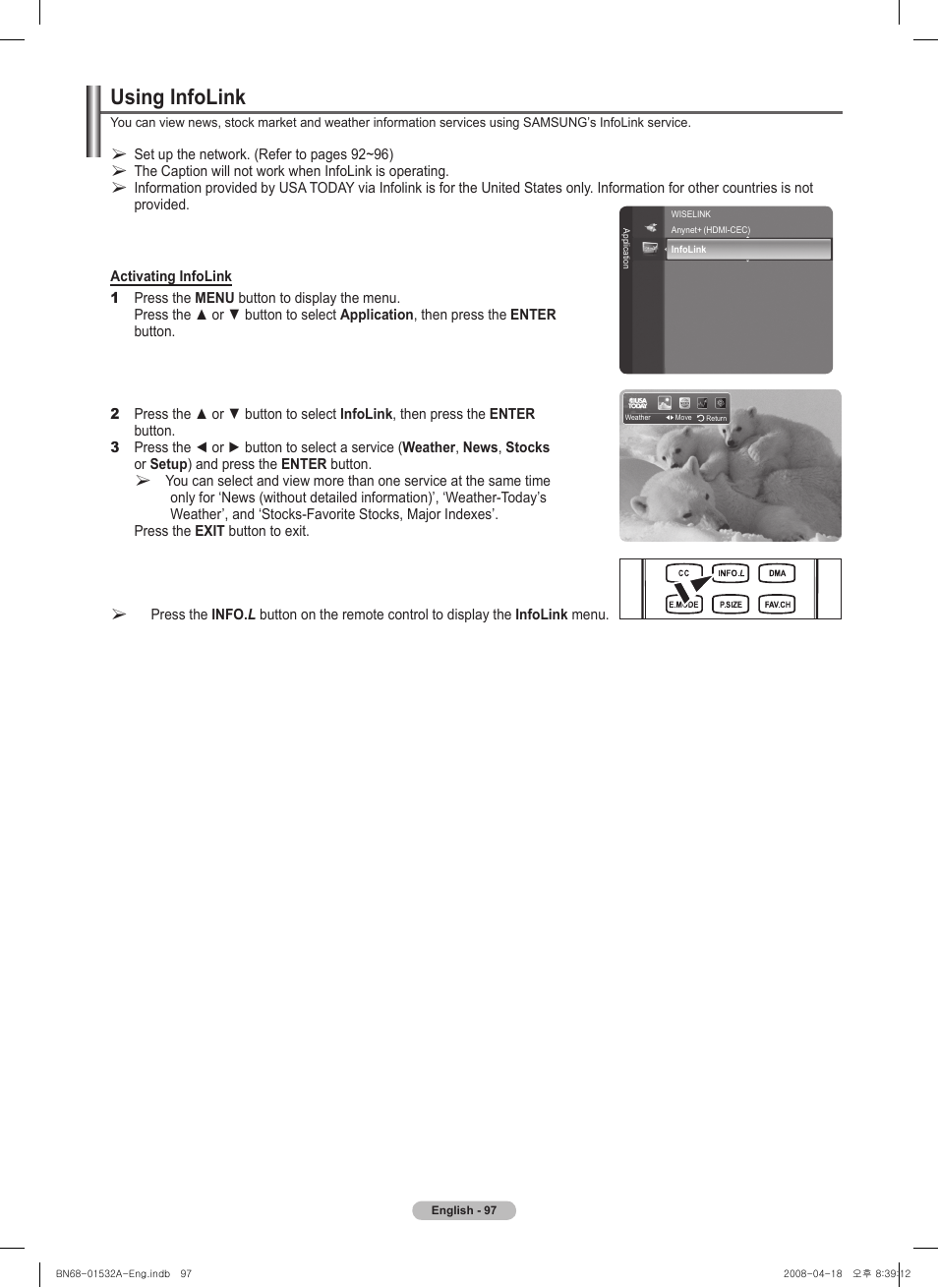 Using infolink | Samsung PN50A650T1FXZA User Manual | Page 97 / 232