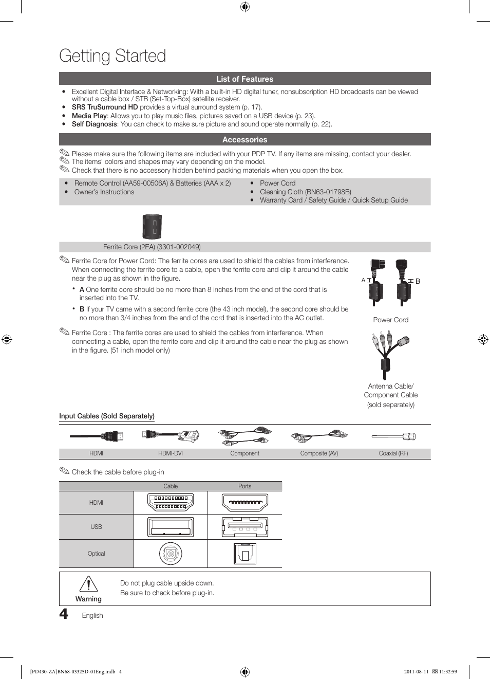 Getting started | Samsung PN51D440A5DXZA User Manual | Page 4 / 40
