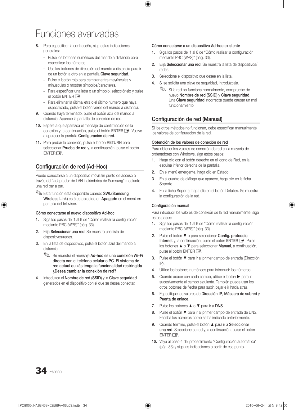 Funciones avanzadas, Configuración de red (ad-hoc), Configuración de red (manual) | Samsung PN63C8000YFXZA User Manual | Page 100 / 198