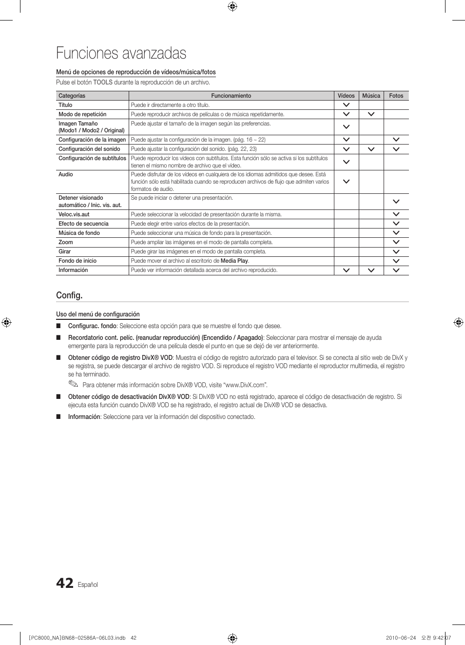 Funciones avanzadas, Config | Samsung PN63C8000YFXZA User Manual | Page 108 / 198