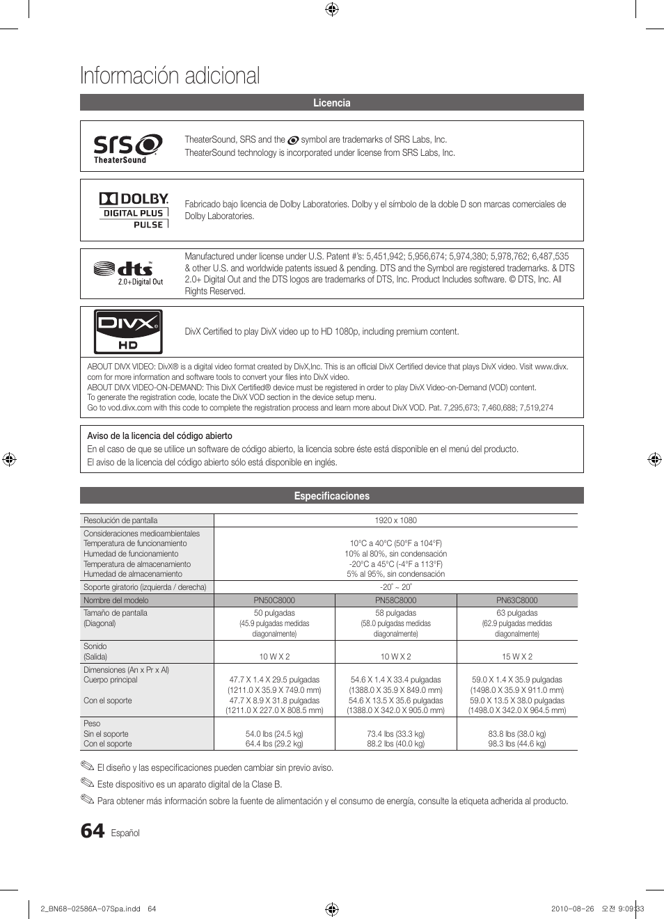 Información adicional | Samsung PN63C8000YFXZA User Manual | Page 130 / 198