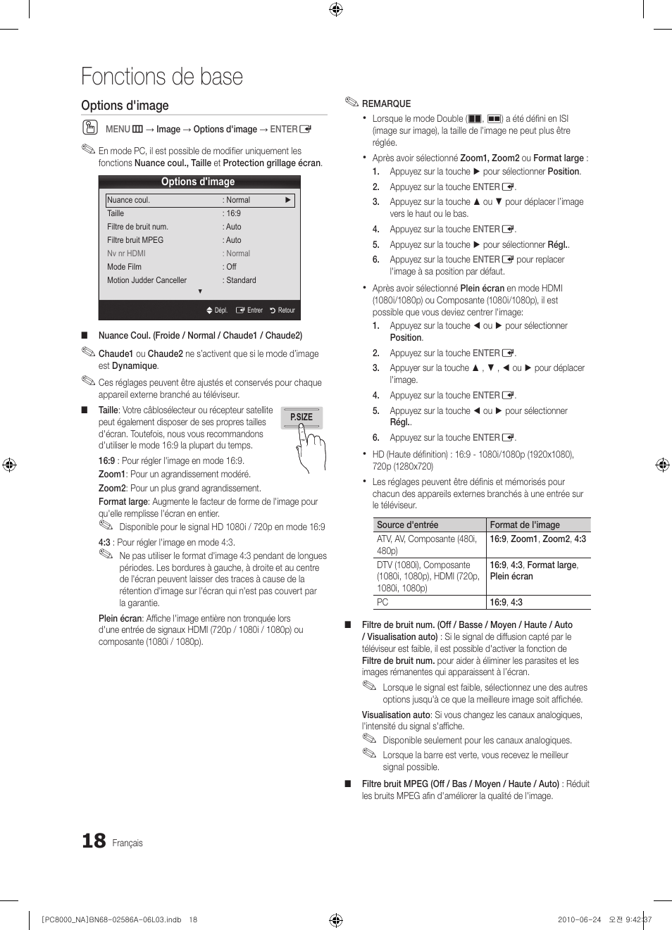 Fonctions de base, Options d'image | Samsung PN63C8000YFXZA User Manual | Page 150 / 198