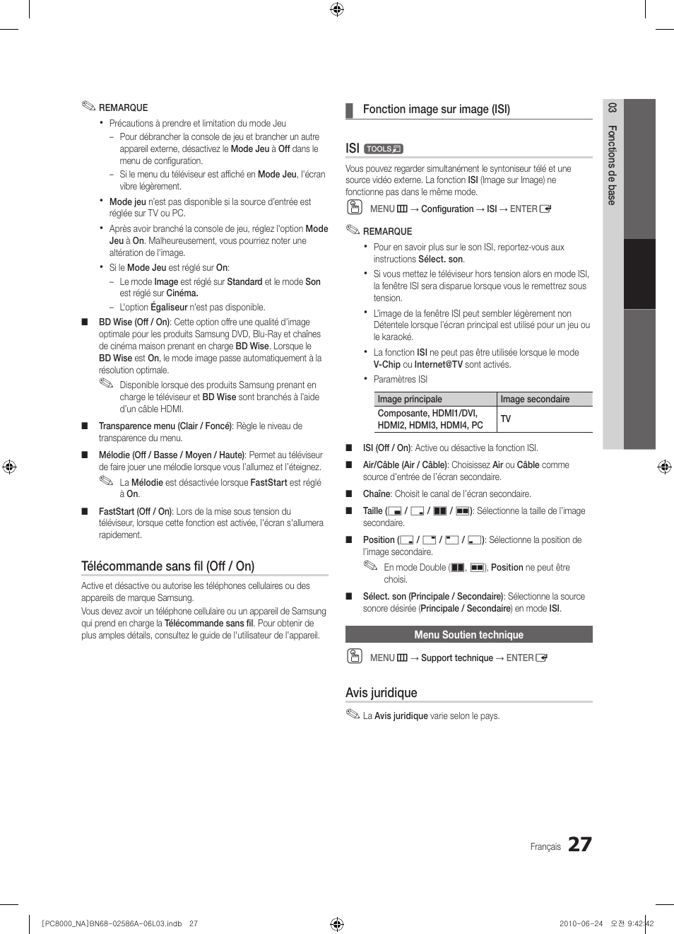 Télécommande sans fil (off / on), Avis juridique | Samsung PN63C8000YFXZA User Manual | Page 159 / 198