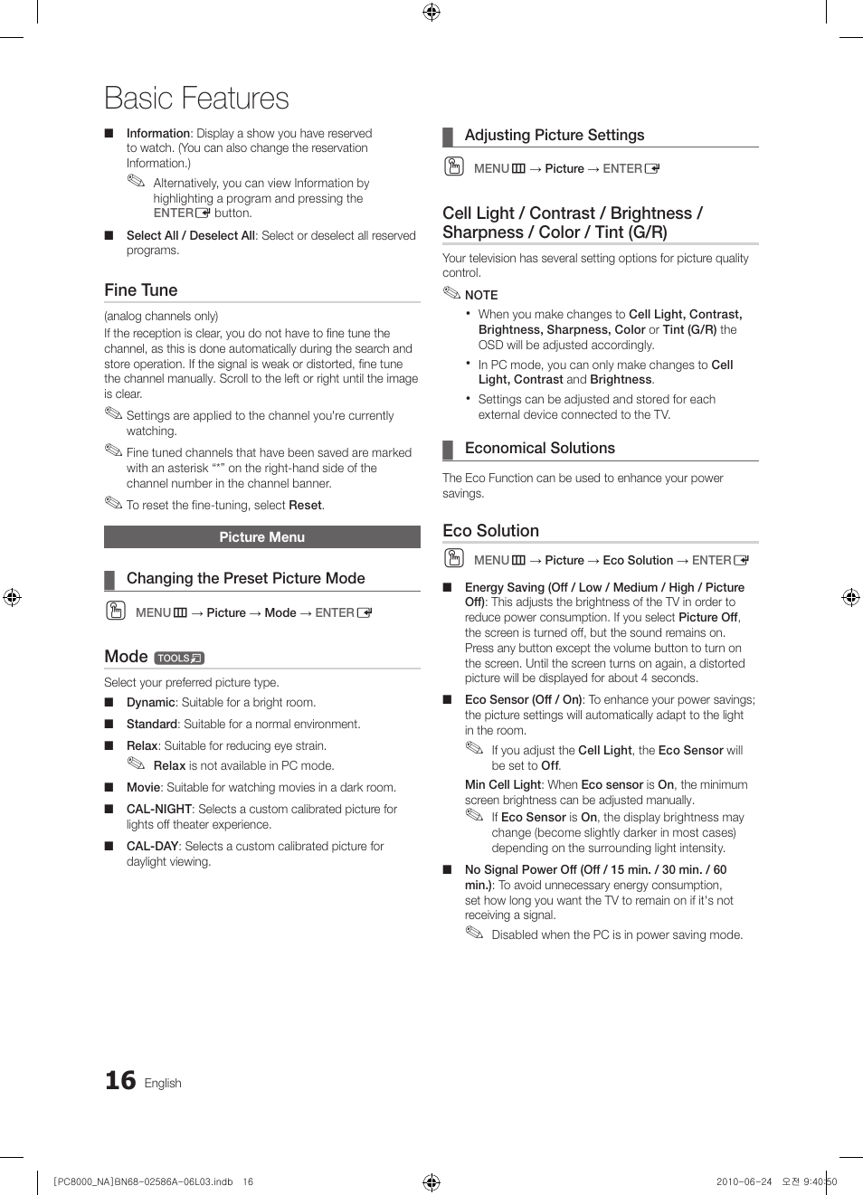Picture menu, Basic features | Samsung PN63C8000YFXZA User Manual | Page 16 / 198