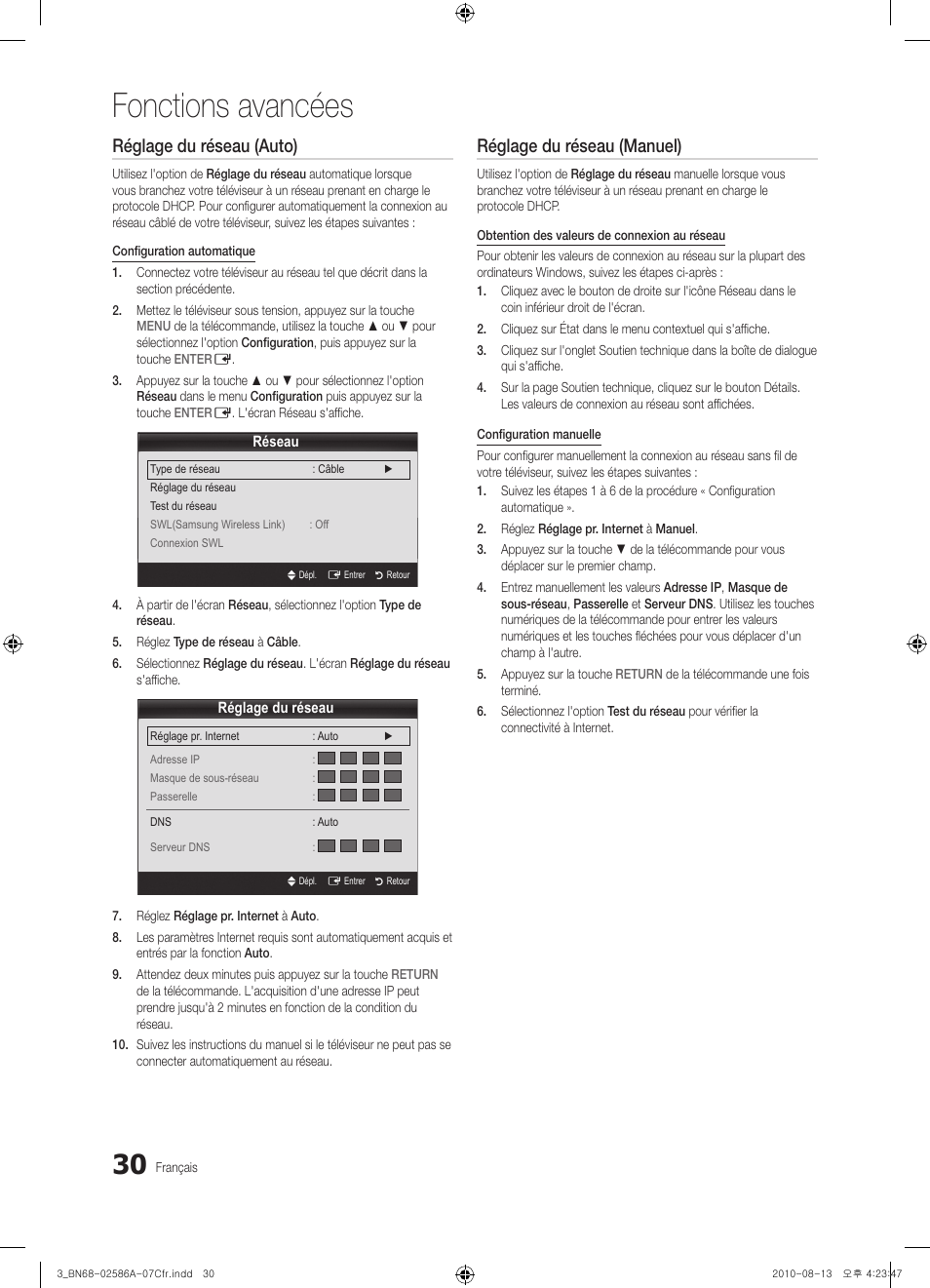 Fonctions avancées, Réglage du réseau (auto), Réglage du réseau (manuel) | Samsung PN63C8000YFXZA User Manual | Page 162 / 198