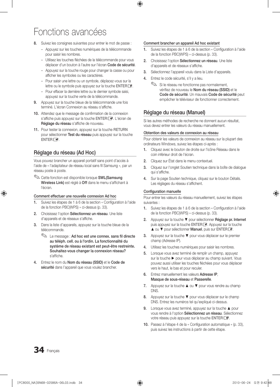 Fonctions avancées, Réglage du réseau (ad hoc), Réglage du réseau (manuel) | Samsung PN63C8000YFXZA User Manual | Page 166 / 198