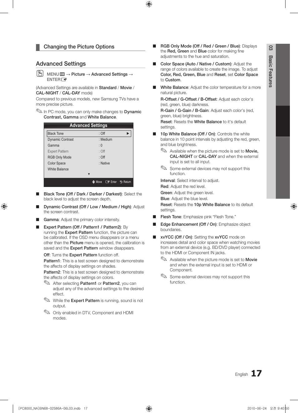 Advanced settings | Samsung PN63C8000YFXZA User Manual | Page 17 / 198