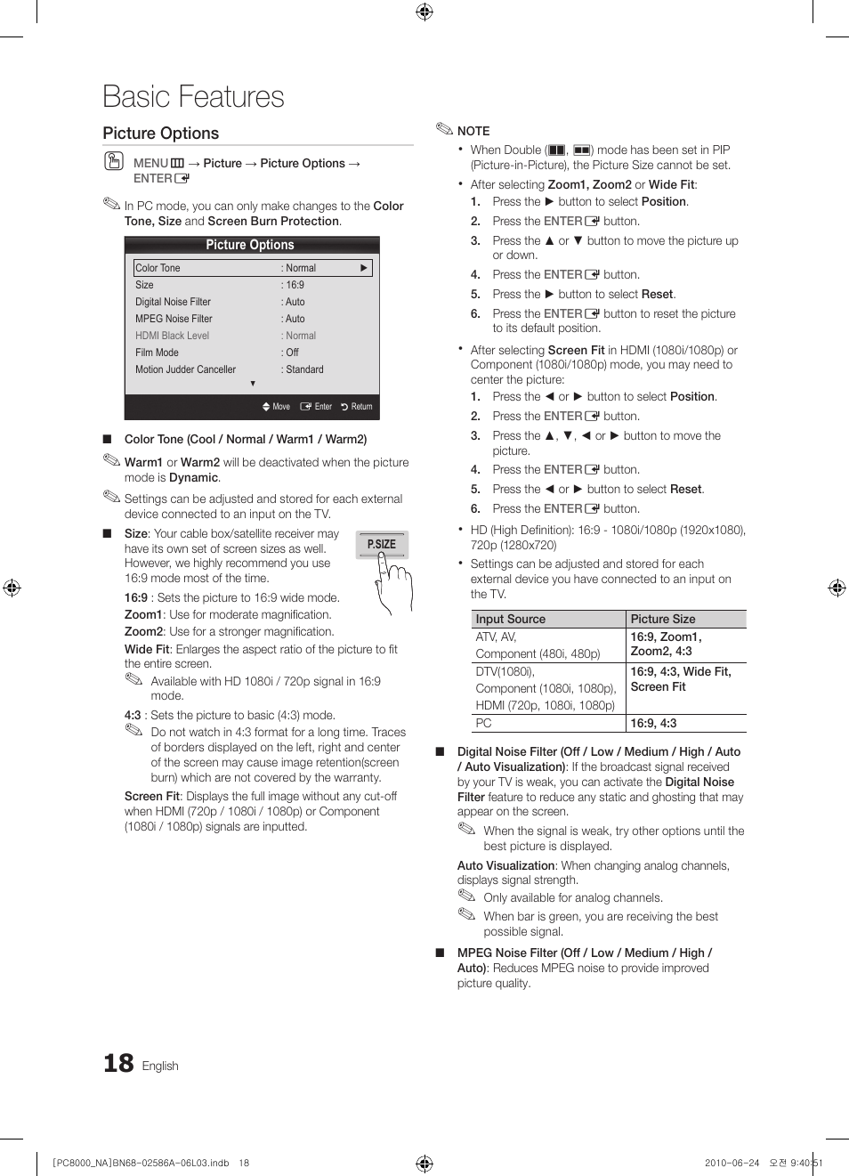 Basic features, Picture options | Samsung PN63C8000YFXZA User Manual | Page 18 / 198