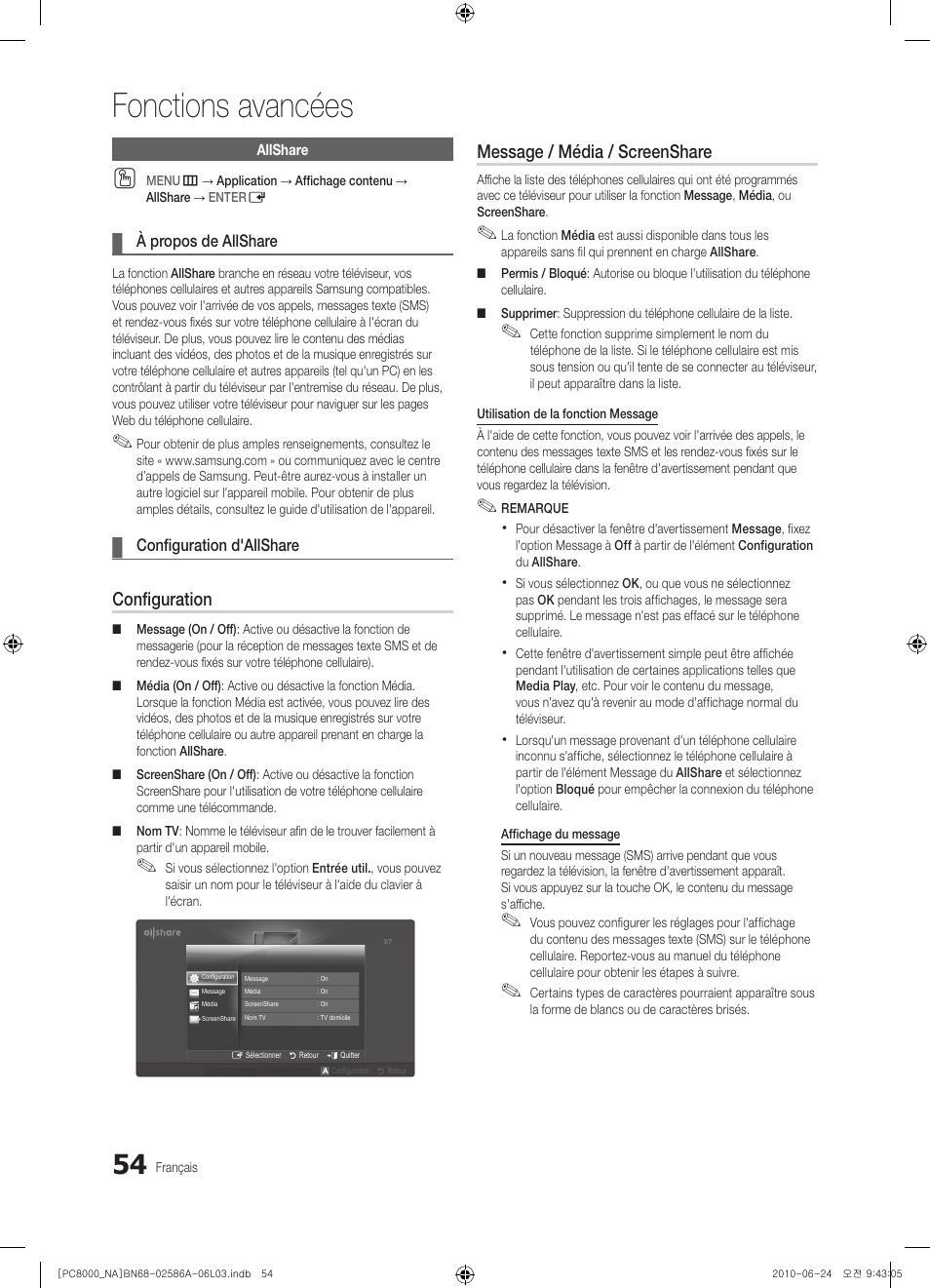Fonctions avancées, Configuration, Message / média / screenshare | Samsung PN63C8000YFXZA User Manual | Page 186 / 198