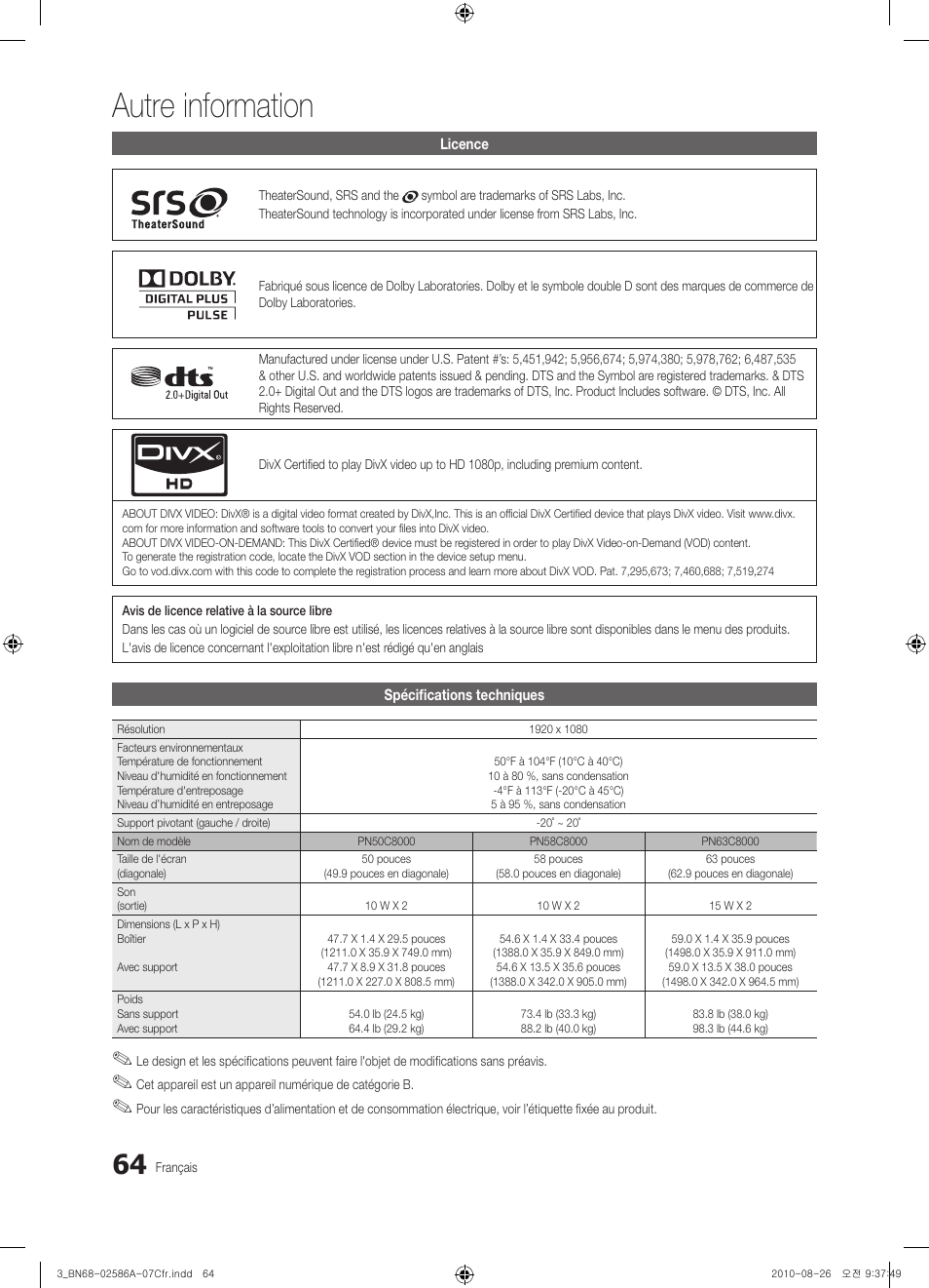 Autre information | Samsung PN63C8000YFXZA User Manual | Page 196 / 198