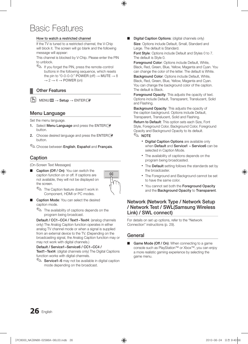 Basic features | Samsung PN63C8000YFXZA User Manual | Page 26 / 198