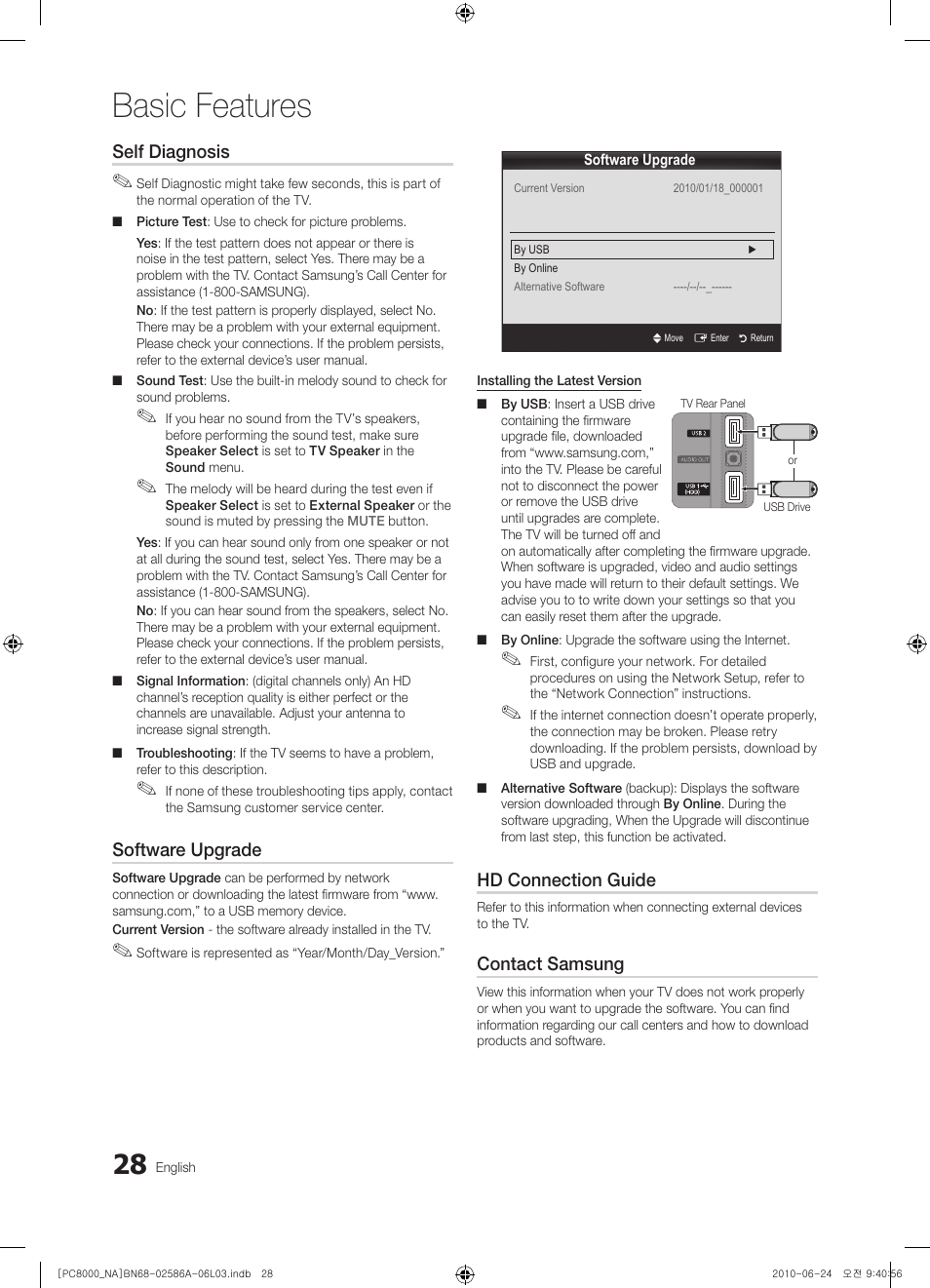 Basic features, Self diagnosis, Software upgrade | Hd connection guide, Contact samsung | Samsung PN63C8000YFXZA User Manual | Page 28 / 198